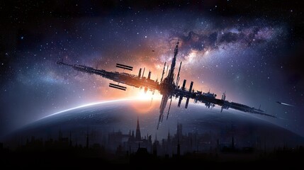 Futuristic city in space orbiting planet