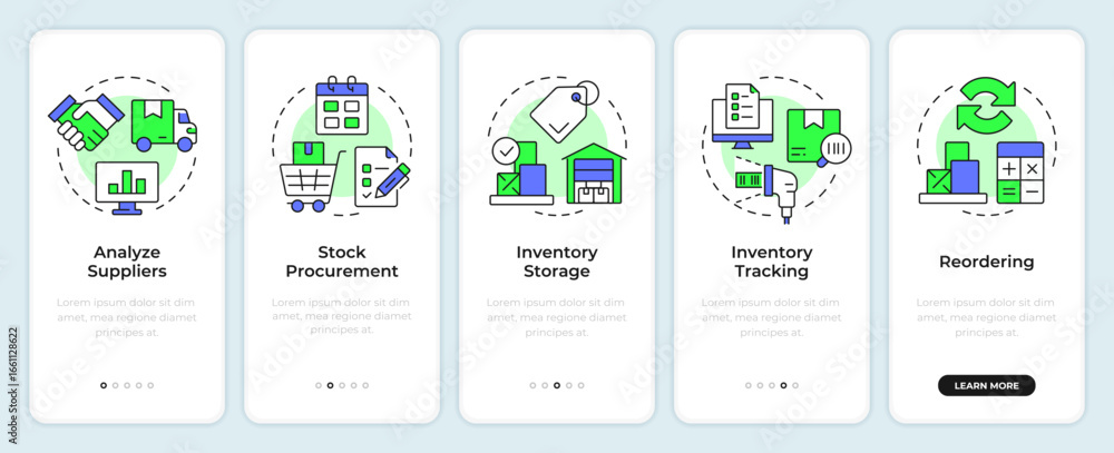 Poster steps of inventory management process onboarding mobile app screen. walkthrough 5 steps editable gra