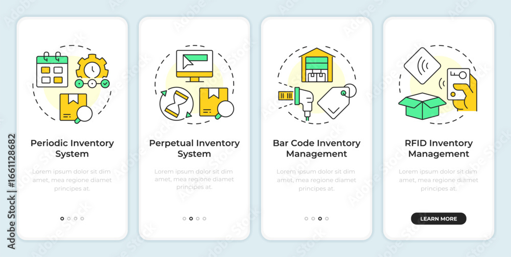 Poster inventory management systems onboarding mobile app screen. supplies. walkthrough 4 steps editable gr
