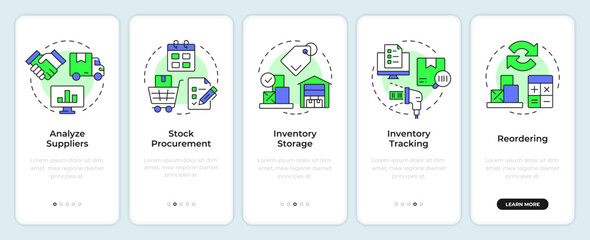Steps of inventory management process onboarding mobile app screen. Walkthrough 5 steps editable graphic instructions with linear concepts. UI, UX, GUI. Montserrat SemiBold, Regular fonts used