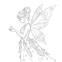 Beautiful Fairy Princess with Wings Holding a Heart Line Art.