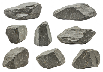 Collection of various gray rocks and stones isolated on transparent background