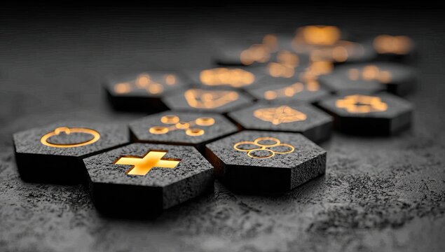 Dark grey hexagonal tiles with glowing orange icons