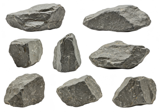 Collection of various gray rocks and stones isolated on transparent background