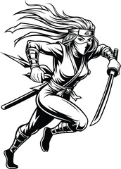 Dynamic Black and White Manga Illustration of a Female Ninja in a Running Pose with Katana Swords, Ideal for T-Shirts, Merch, and Stickers.