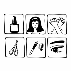 Collection of beauty salon icons in a square shape with a womans face