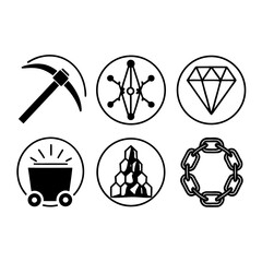 Mining industry icons set, pickaxe, diamond, cart, ore, chain, vector illustration