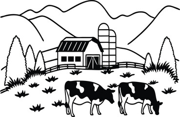 Naklejka premium Dairy Farm with Cows and Milk Production – Vector Design 
