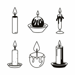 Collection of candle illustrations with flame, wax, and light