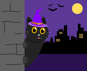 Cute black cat character with a purple witch hat, in a dark city. Happy halloween background in modern city.