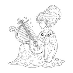 Naklejka premium Celestial goddess with cosmic hair playing a lyre line art illustration.