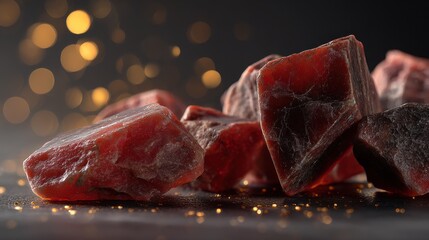 Raw red stones close-up with bokeh background, jewelry design, gemstone collection, luxury goods, product photography, geology theme

