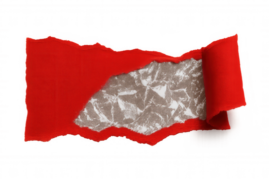 Torn red paper exposing crumpled metallic foil texture, revealing dramatic layered contrast against transparent backdrop - Powered by Adobe