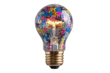 Fototapeta premium A glowing lightbulb filled with colorful jigsaw puzzle pieces