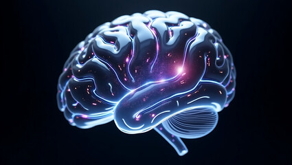 A human brain made of transparent glass, meticulously crafted with intricate details, filled with a mesmerizing array of glowing microchips 