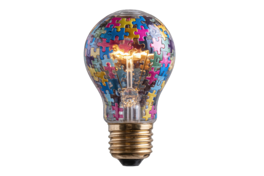 A glowing lightbulb filled with colorful jigsaw puzzle pieces