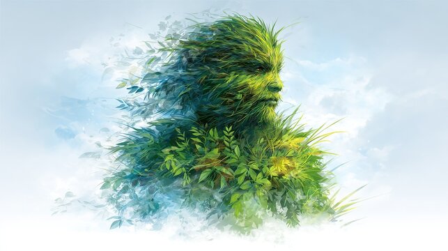 Human face formed from green leaves and foliage environmental concept