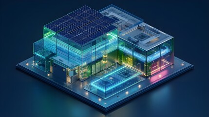 Obraz premium Isometric Smart Building Complex Infographic with Solar Panels and Smart Grid