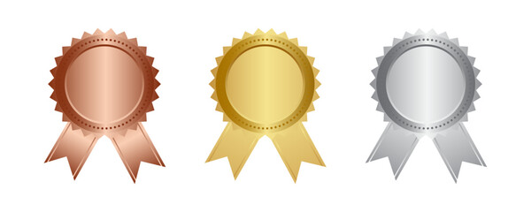 Gold, silver and bronze metal circle frames 3d vector realistic illustration. First, second and third place medals or buttons isolated on white background. Certified. Quality blank, empty badge set.
