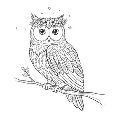 Cute owl with a floral crown on a branch for coloring.