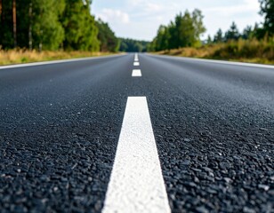 close up of an asphalt road with a white line in the middle
