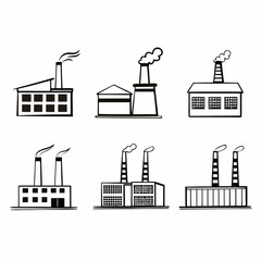 Set of factory building icons with chimneys emitting smoke in vector format