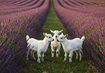 Lavender Trio — Young Goats in Blooming Purple Fields
