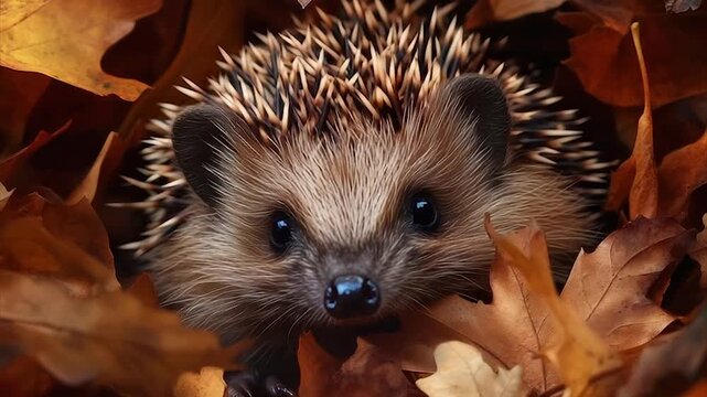 Close-up of a hedgehog nestled amongst autumn leaves