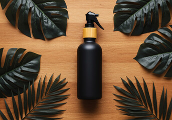 Botanical Precision — Black Spray Bottle with Yellow Collar in Leafy Composition