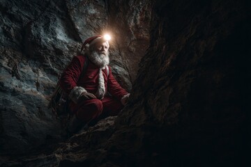 Santa Claus exploring dark cave with headlamp adventure style