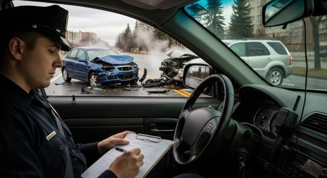 A man police officer sits in his patrol car writing a report after a severe car accident on a wet road. Safety concept.