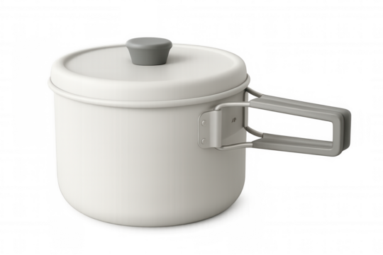 White camping pot with grey folding handle and lid knob, isolated on transparent background, ready for cooking adventures
