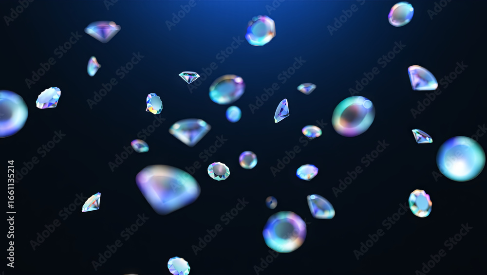 Poster scattered diamonds glimmer and reflect light in a dark setting, creating an enchanting and luxurious