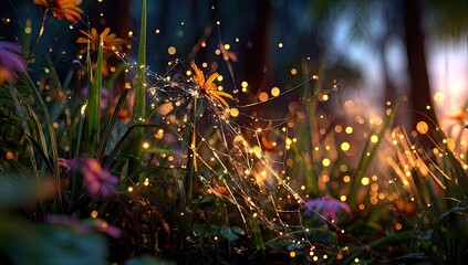Fairy-lit meadow, vibrant flowers, sparkling web