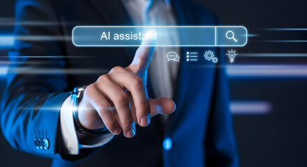 Modern businessman activating AI assistant search bar for innovative solutions in a digital future