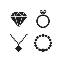 Four black icons featuring diamond gemstone ring necklace and bracelet for jewelry collection silhouette