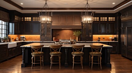 A cozy kitchen with dark walnut cabinets, warm gold accents, and a large central island with black granite countertops, illuminated by pendant lights hanging above.