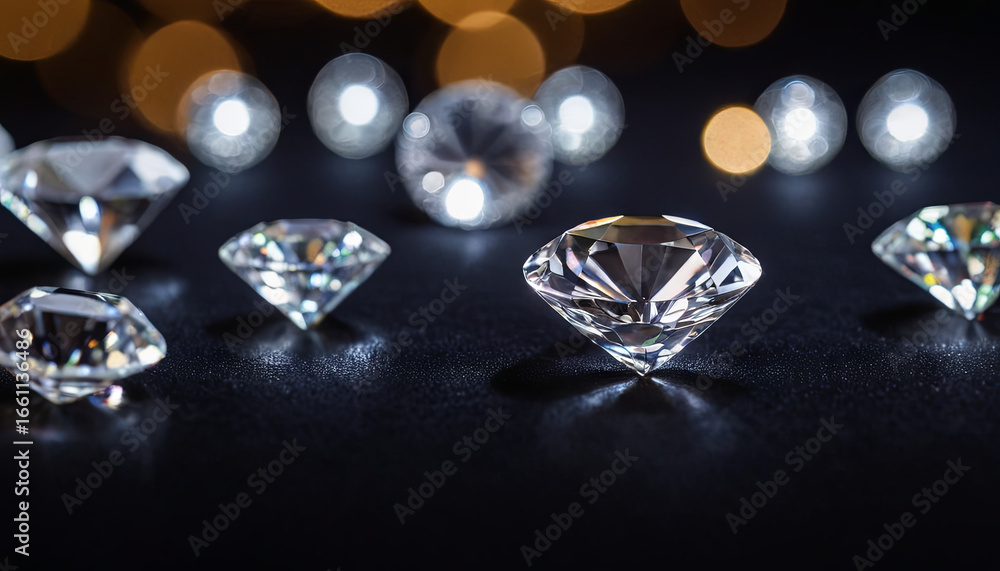 Poster a collection of shining diamonds rests on a dark surface, illuminated by softly glowing lights in th