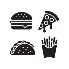 Set of four fast food icons including a burger pizza taco and french fries for quick service restaurants silhouette