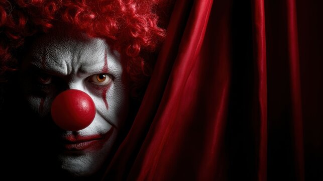 scary evil clown making to holiday, curtain, man