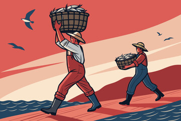Obraz premium Two weathered fishermen proudly carry a large woven basket brimming with their abundant fresh catch, sun-kissed and satisfied.
