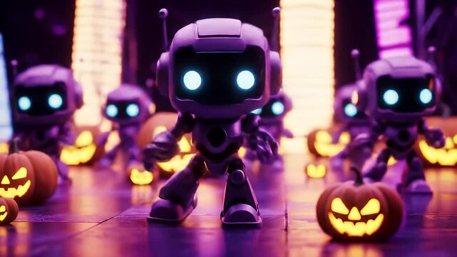 Witness a captivating Halloween celebration as cute mecha robots with glowing eyes dance playfully amidst grinning jack-o'-lanterns and vibrant city lights.