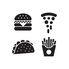 Four classic fast food icons hamburger taco pizza and french fries presented in simple black silhouette style silhouette