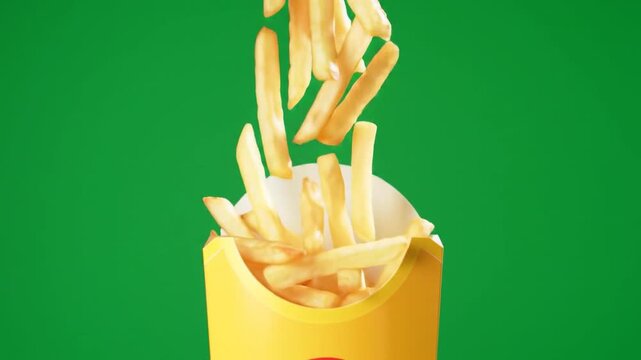 Slow Motion Crispy French Fries Landing in Golden Carton on Green Screen