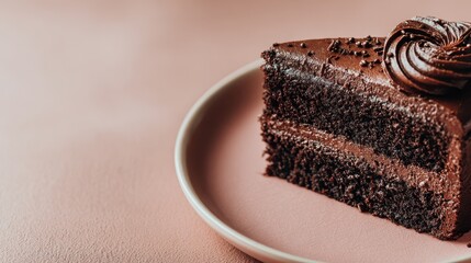Close up of a delicious chocolate cake slice with chocolate frosting on a pink plate.