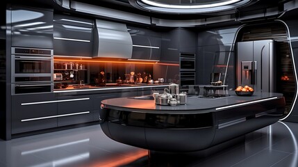 A futuristic kitchen with metallic gray cabinetry, a large black marble island, and integrated lighting systems under the counters. High-tech appliances complement the design.