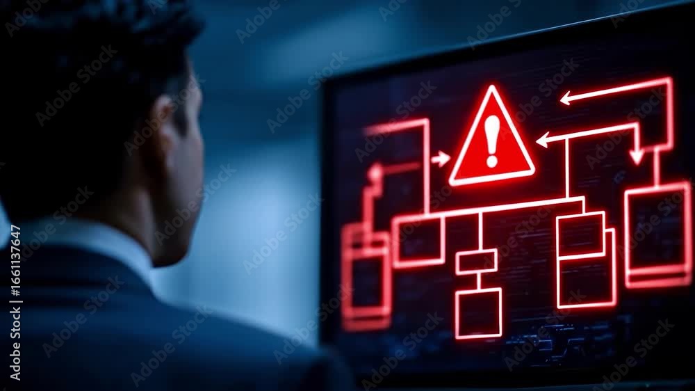 Poster cybersecurity alert: a determined professional intently observes a computer monitor, the display sig