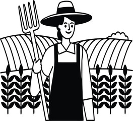 Farmer in Hat Holding Pitchfork &ndash; Agriculture Vector Illustration
