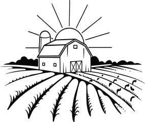 Barnhouse with Sun Rising Behind &ndash; Agriculture Vector Drawing
