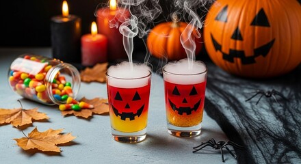 Halloween drinks with dry ice and jack-o-lantern faces for a fun spooky party